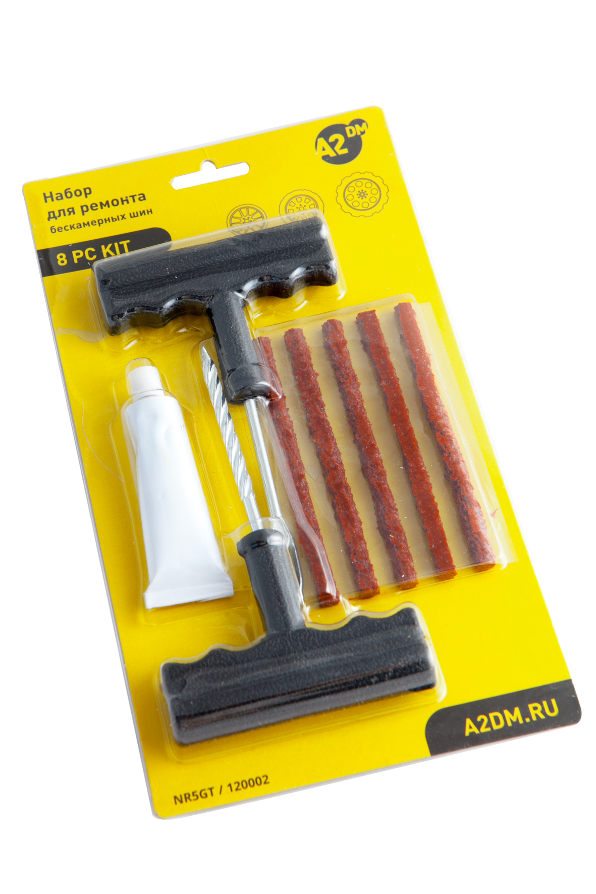 Набор для ремонта бескамерных шин A2DM экспресс-клей, 5 жгутов, T-инструмент, блистер - изображение товара